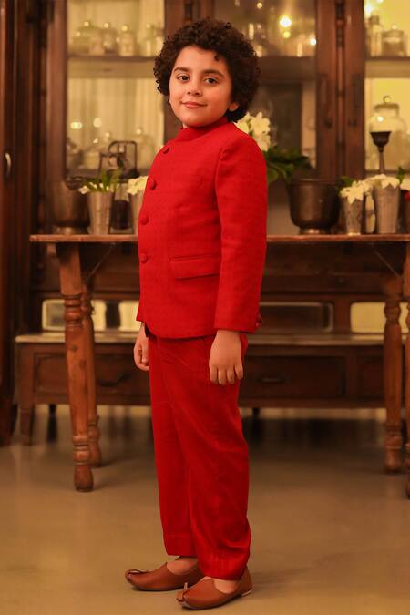 Buy_Littleens_Red Cotton Ikhtiyar Jodhpur Suit Set _Online_at_Aza_Fashions