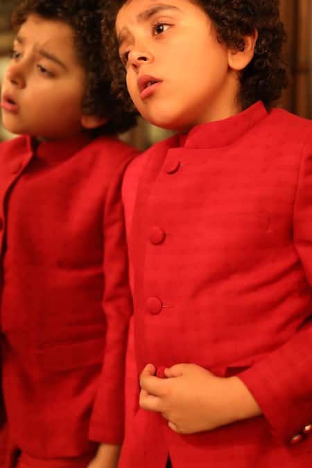 Shop_Littleens_Red Cotton Ikhtiyar Jodhpur Suit Set _Online_at_Aza_Fashions