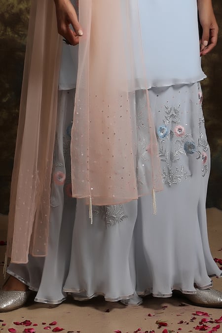 Shop Niamh By Kriti Blue Net, Georgette Cutdana Work, Mirror Floral Embroidered Kurta Palazzo Set Online at Aza Fashions Shop_Niamh By Kriti_Blue Net, Georgette Cutdana Work, Mirror Floral Embroidered Kurta Palazzo Set _Online_at_Aza_Fashions