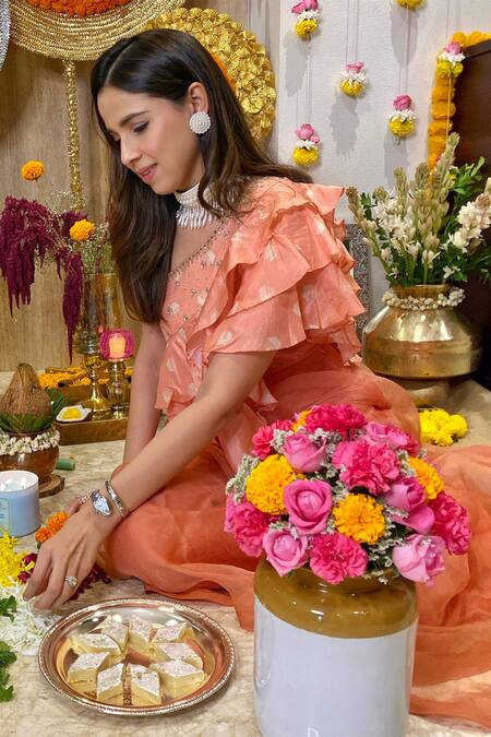 Buy_Riraan Couture_Green Organza, Lycra, Rayon, Pure Silk One Shoulder Ruffle Top And Palazzo Set_Online_at_Aza_Fashions