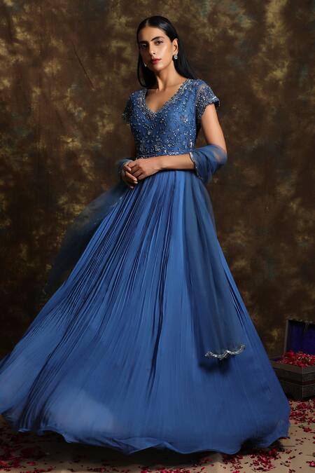 Niamh By Kriti_Blue Net, Georgette Resham Work Round Mirror Embroidered Anarkali With Dupatta _Online_at_Aza_Fashions