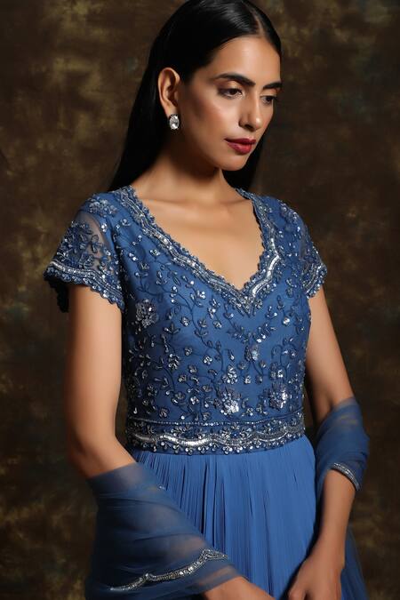 Buy_Niamh By Kriti_Blue Net, Georgette Resham Work Round Mirror Embroidered Anarkali With Dupatta _Online_at_Aza_Fashions