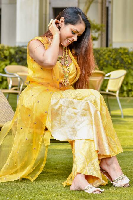 Shop_Riraan Couture_Yellow Organza, Rayon, Pure Silk Printed Bustier And Overlap Pant Set_Online_at_Aza_Fashions