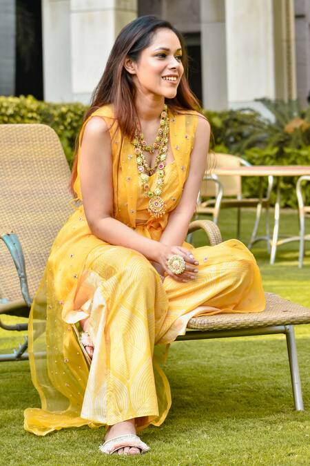 Riraan Couture_Yellow Organza, Rayon, Pure Silk Printed Bustier And Overlap Pant Set_at_Aza_Fashions