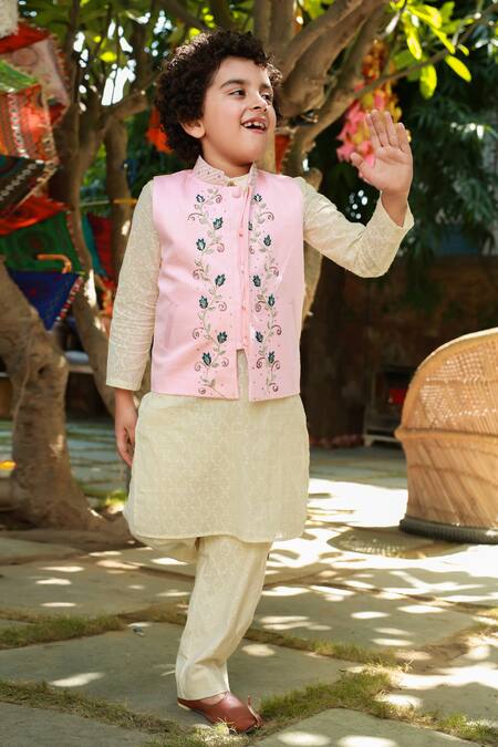 Littleens_Pink Velvet Embroidery Nehru Jacket _Online_at_Aza_Fashions
