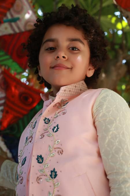 Shop_Littleens_Pink Velvet Embroidery Nehru Jacket _Online_at_Aza_Fashions