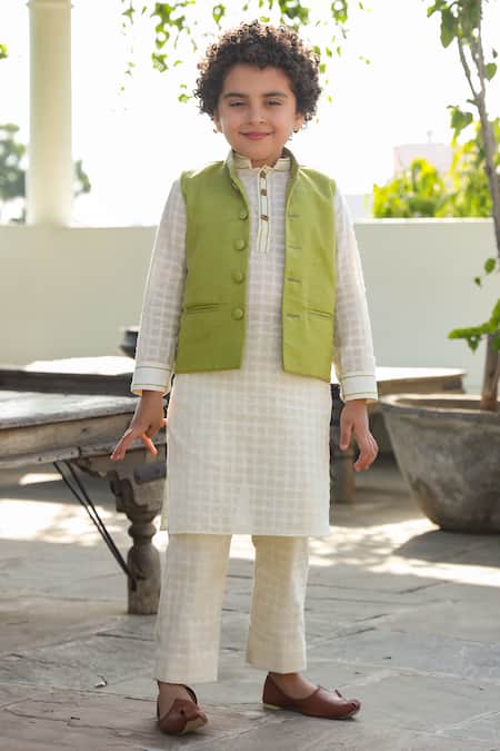 Shop_Littleens_Green Kota Doria, Georgette Embroidery Lime Nehru Jacket _at_Aza_Fashions