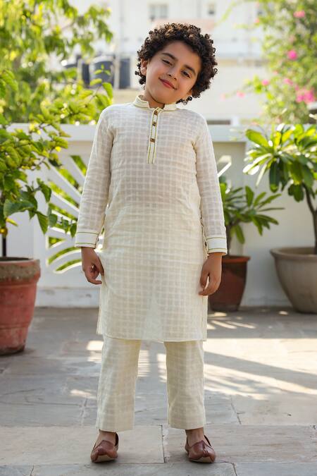 Littleens_Green Kota Doria, Georgette Embroidery Lime Nehru Jacket _Online_at_Aza_Fashions