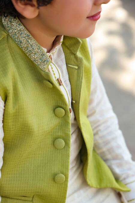 Shop_Littleens_Green Kota Doria, Georgette Embroidery Lime Nehru Jacket _Online_at_Aza_Fashions