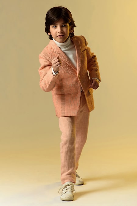 Shop_Littleens_Peach Tissue Notch Lapel Blazer _Online_at_Aza_Fashions