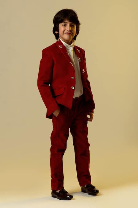 Littleens Maroon Corduroy, Cotton Embroidery Embellished Blazer And Trouser Set Online at Aza Fashions Littleens_Maroon Corduroy, Cotton Embroidery Embellished Blazer And Trouser Set _Online_at_Aza_Fashions