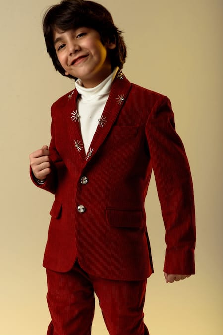 Shop Littleens Maroon Corduroy, Cotton Embroidery Embellished Blazer And Trouser Set Online at Aza Fashions Shop_Littleens_Maroon Corduroy, Cotton Embroidery Embellished Blazer And Trouser Set _Online_at_Aza_Fashions