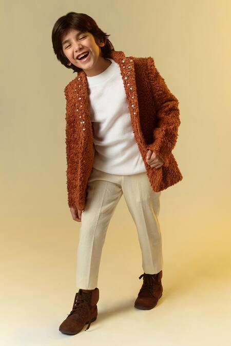 Buy Littleens Brown Organza Pearls Embellished Lapel Blazer Online at Aza Fashions Buy_Littleens_Brown Organza Pearls Embellished Lapel Blazer _Online_at_Aza_Fashions