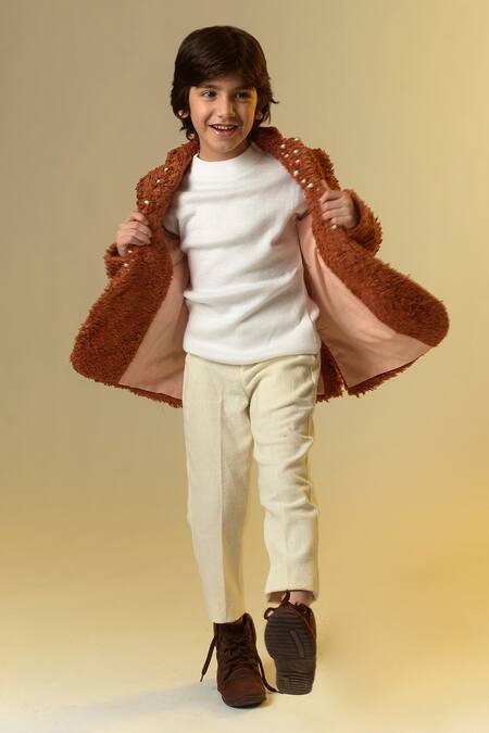 Shop Littleens Brown Organza Pearls Embellished Lapel Blazer Online at Aza Fashions Shop_Littleens_Brown Organza Pearls Embellished Lapel Blazer _Online_at_Aza_Fashions