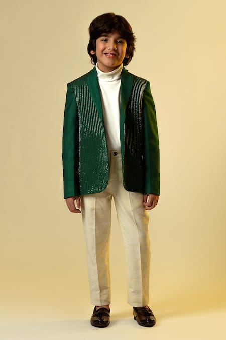 LITTLEENS Green Organic Wool Herringbone Embellished Blazer  