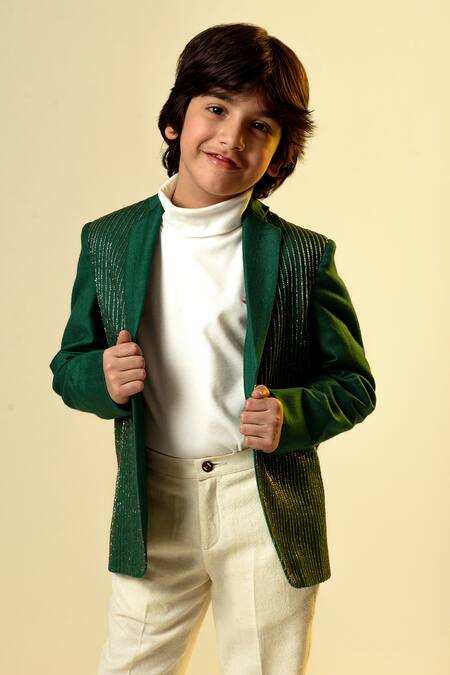 Buy_Littleens_Green Wool Cut Work Embellished Blazer _Online_at_Aza_Fashions