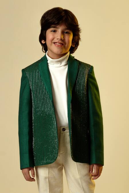 Shop_Littleens_Green Wool Cut Work Embellished Blazer _Online_at_Aza_Fashions