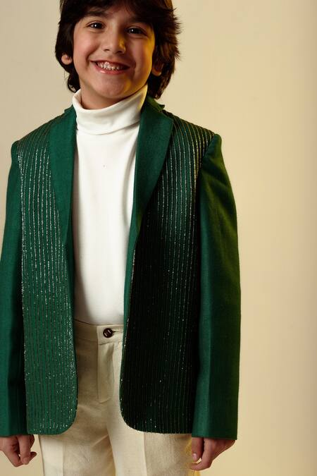 Littleens_Green Wool Cut Work Embellished Blazer _at_Aza_Fashions
