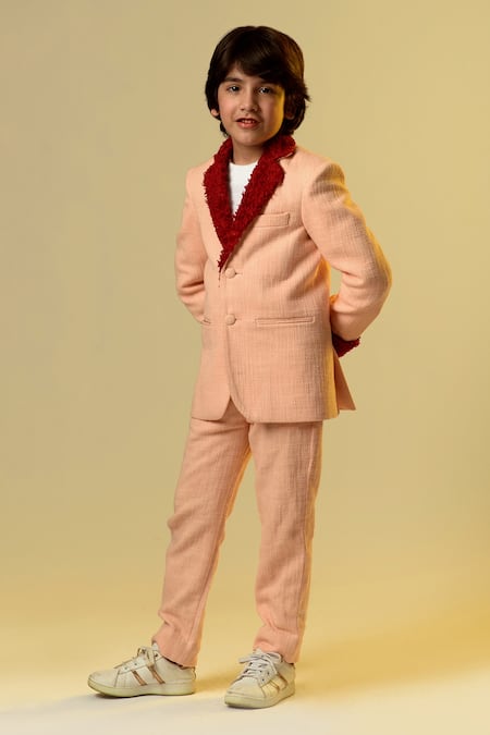 Littleens Peach Tissue, Cotton, Terrycloth Notch Lapel Blazer And Trouser Set 