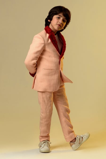 Littleens_Peach Tissue, Cotton, Terrycloth Notch Lapel Blazer And Trouser Set _Online_at_Aza_Fashions