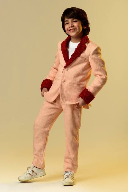 Buy_Littleens_Peach Tissue, Cotton, Terrycloth Notch Lapel Blazer And Trouser Set _Online_at_Aza_Fashions