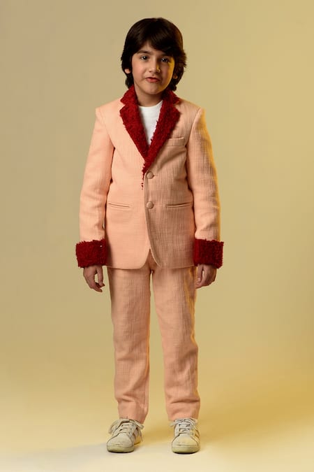Shop_Littleens_Peach Tissue, Cotton, Terrycloth Notch Lapel Blazer And Trouser Set _Online_at_Aza_Fashions