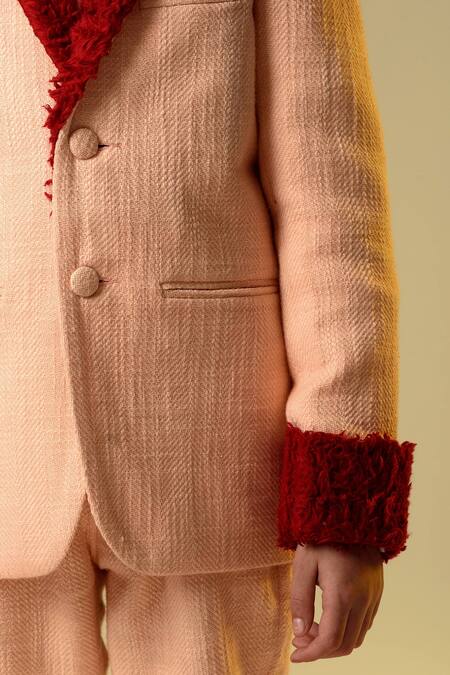 Littleens_Peach Tissue, Cotton, Terrycloth Notch Lapel Blazer And Trouser Set _at_Aza_Fashions