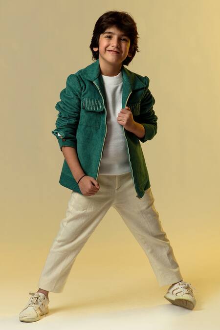 Buy_Littleens_Green Corduroy Cut Work Embellished Jacket _Online_at_Aza_Fashions