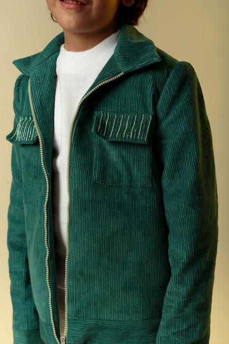 Littleens_Green Corduroy Cut Work Embellished Jacket _at_Aza_Fashions