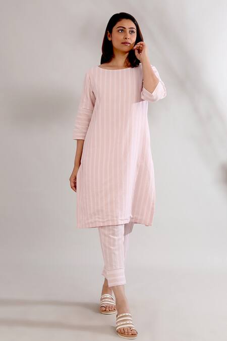 The Indian Cause_Peach Kurta  Pant Cambric Boat Striped And Set_Online_at_Aza_Fashions