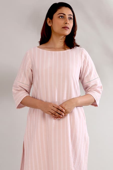 Buy_The Indian Cause_Peach Kurta  Pant Cambric Boat Striped And Set_Online_at_Aza_Fashions