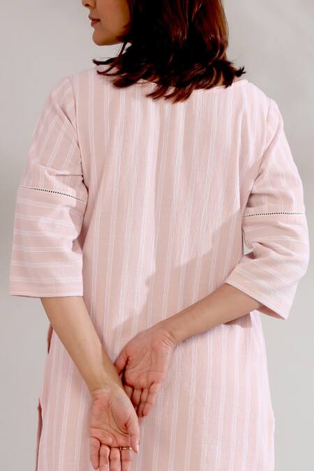 Shop_The Indian Cause_Peach Kurta  Pant Cambric Boat Striped And Set_Online_at_Aza_Fashions