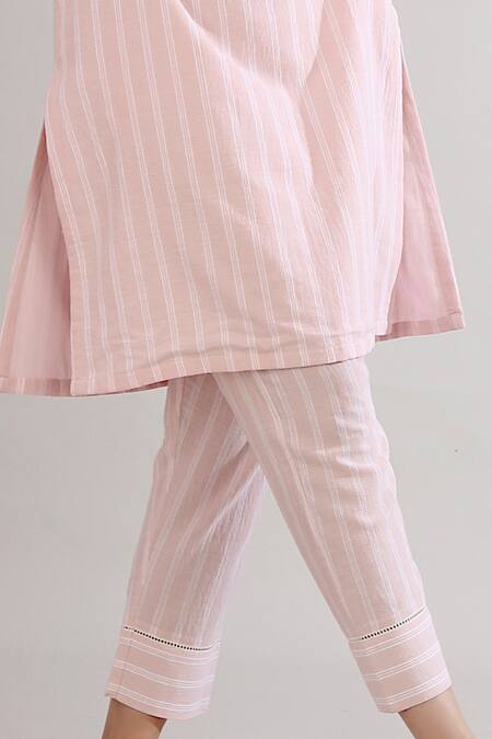 The Indian Cause_Peach Kurta  Pant Cambric Boat Striped And Set_at_Aza_Fashions