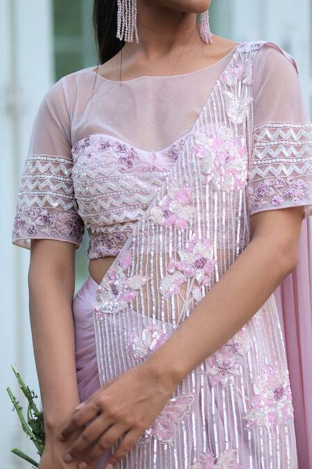 Shop House Of Tushaom Pink Lycra Embroidery Sequin Boat Neck Pre-draped Saree With Blouse Online at Aza Fashions Shop_House Of Tushaom_Pink Lycra Embroidery Sequin Boat Neck Pre-draped Saree With Blouse _Online_at_Aza_Fashions