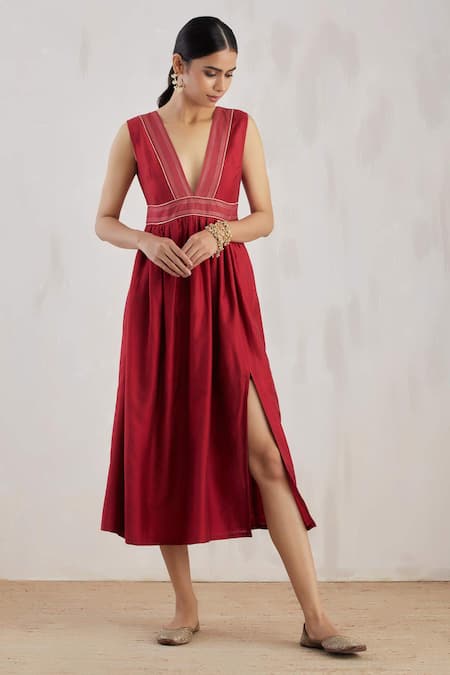 TIC Red Chanderi Embroidery V Neck Slit Dress 