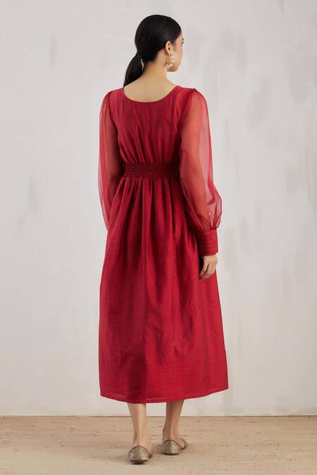 Shop The Indian Cause Red Flared Midi Dress at Aza Fashions Shop_The Indian Cause_Red Flared Midi Dress_at_Aza_Fashions