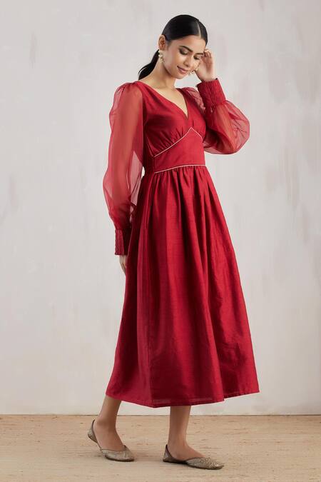 The Indian Cause Red Flared Midi Dress Online at Aza Fashions The Indian Cause_Red Flared Midi Dress_Online_at_Aza_Fashions