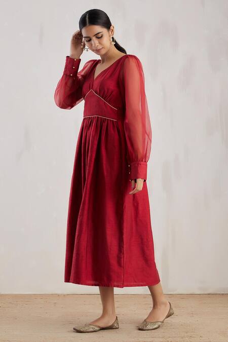 Buy The Indian Cause Red Flared Midi Dress Online at Aza Fashions Buy_The Indian Cause_Red Flared Midi Dress_Online_at_Aza_Fashions