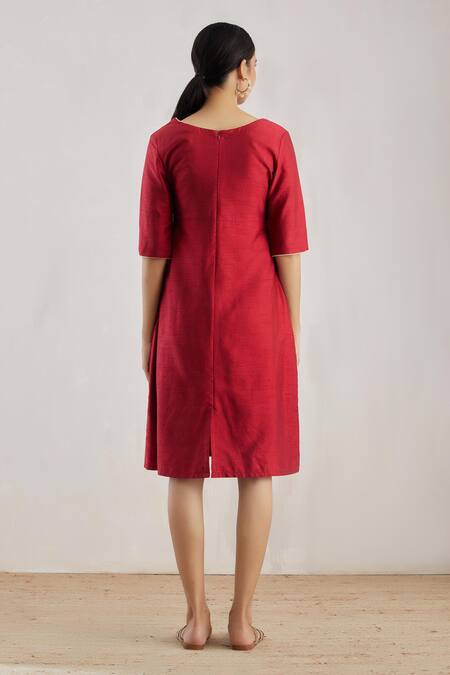 Shop The Indian Cause Red Dupion Silk V Neck A-line Midi Dress at Aza Fashions Shop_The Indian Cause_Red Dupion Silk V Neck A-line Midi Dress_at_Aza_Fashions