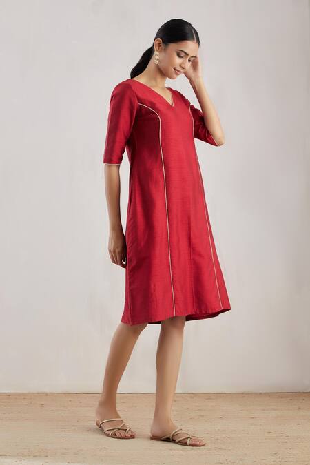 The Indian Cause Red Dupion Silk V Neck A-line Midi Dress Online at Aza Fashions The Indian Cause_Red Dupion Silk V Neck A-line Midi Dress_Online_at_Aza_Fashions