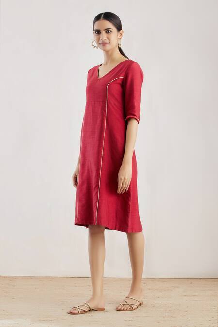 Buy The Indian Cause Red Dupion Silk V Neck A-line Midi Dress Online at Aza Fashions Buy_The Indian Cause_Red Dupion Silk V Neck A-line Midi Dress_Online_at_Aza_Fashions