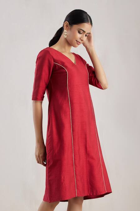 Shop The Indian Cause Red Dupion Silk V Neck A-line Midi Dress Online at Aza Fashions Shop_The Indian Cause_Red Dupion Silk V Neck A-line Midi Dress_Online_at_Aza_Fashions