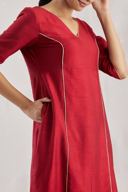 The Indian Cause Red Dupion Silk V Neck A-line Midi Dress at Aza Fashions The Indian Cause_Red Dupion Silk V Neck A-line Midi Dress_at_Aza_Fashions