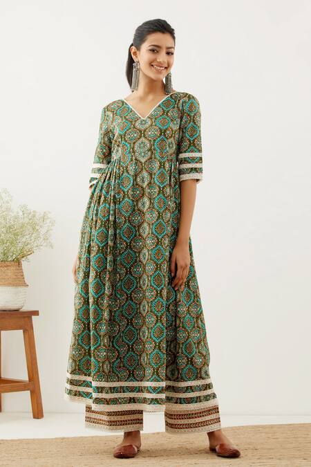 The Indian Cause_Green Cotton Markab Floral Print Anarkali Set_Online_at_Aza_Fashions