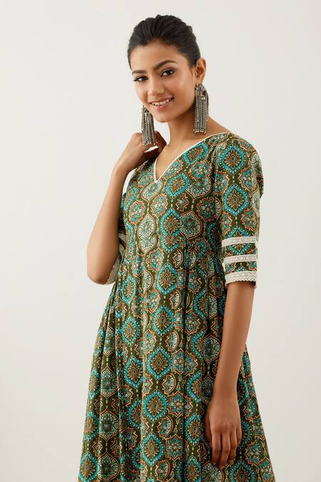 The Indian Cause_Green Cotton Markab Floral Print Anarkali Set_at_Aza_Fashions