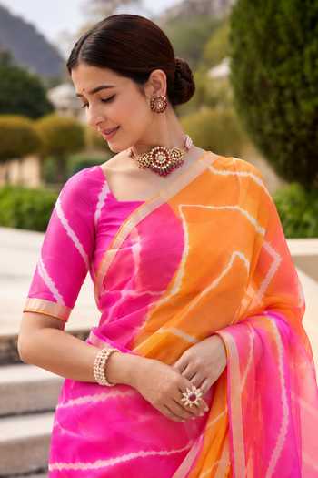 Buy Geroo Jaipur Multi Color Silk Round Neck Hand Dyed Saree With Blouse Online at Aza Fashions Buy_Geroo Jaipur_Multi Color Silk Round Neck Hand Dyed Saree With Blouse _Online_at_Aza_Fashions