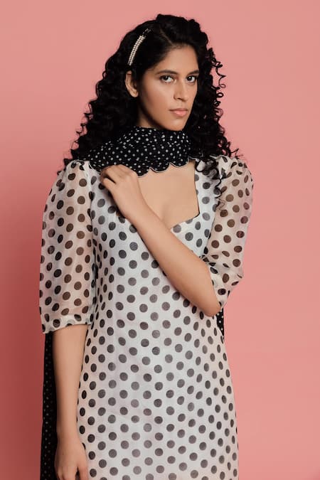 Label Earthen Organza Silk Polka Dot Print Kurta Set