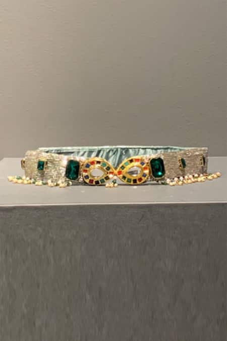 Aditi Gupta Grey Pearls, Metallic Thread, Beads Meenakari Kundan Belt 