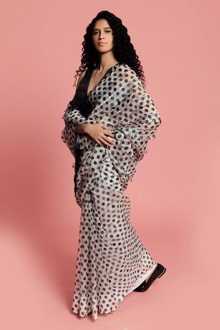 Shop_Label Earthen_White Organza Silk V Neck Polka Dot Saree _at_Aza_Fashions
