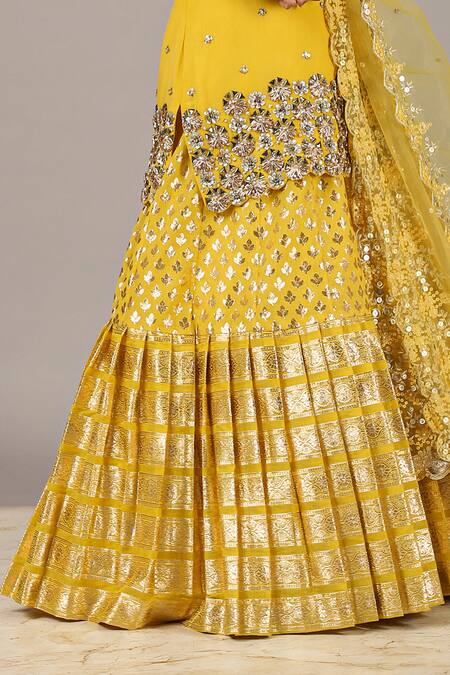 Buy_NIDHIKA SHEKHAR_Yellow Crepe U Neck Embellished Kurta Lehenga Set _Online_at_Aza_Fashions